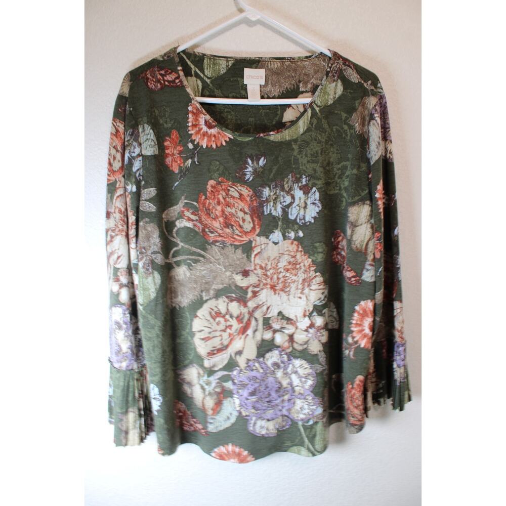 Chico's Women's Green Floral Pleat-Detail Long Sleeve Blouse Top Size 3 US Large